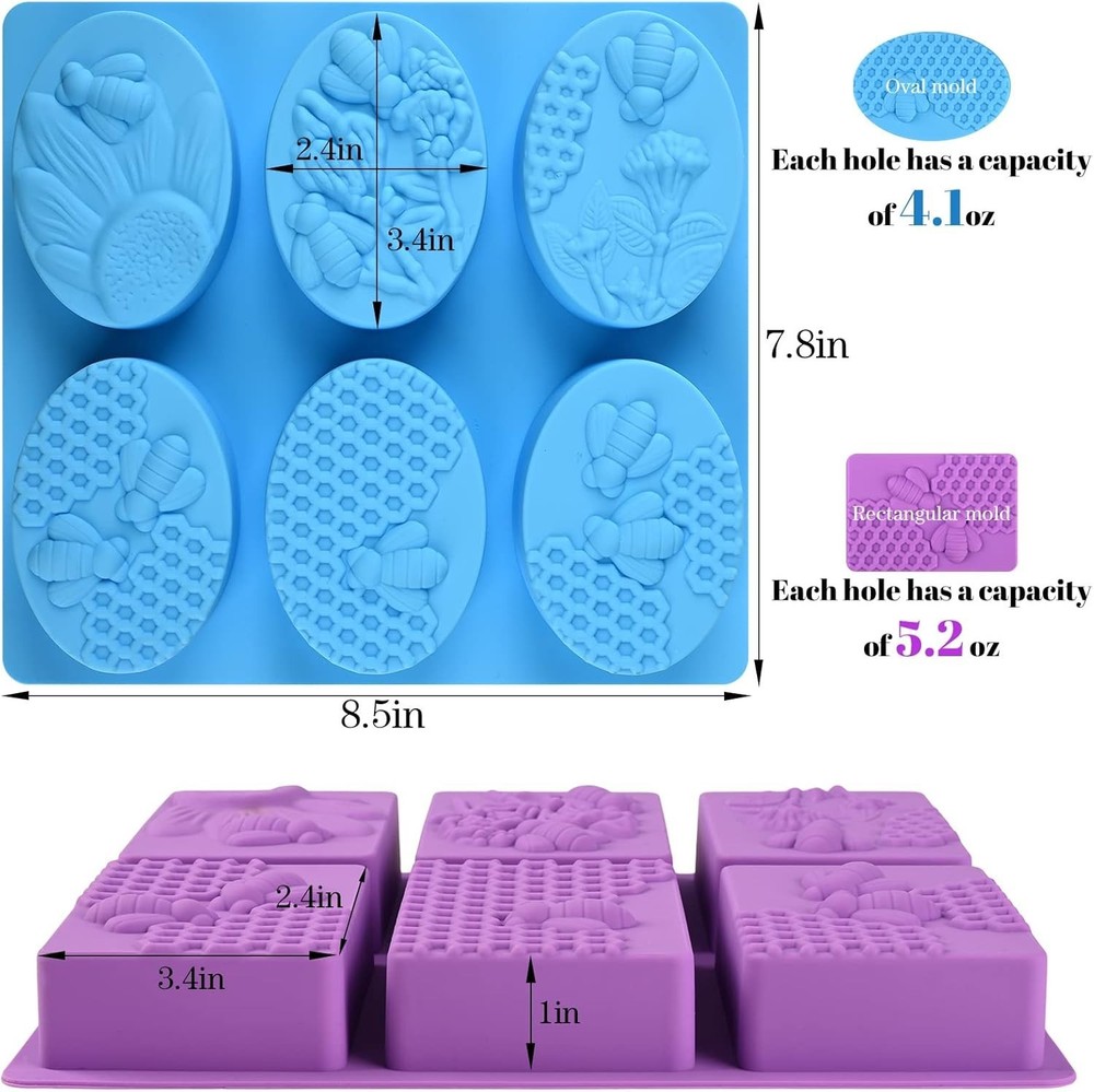 2 Pack 6 Cavity Bee Silicone Soap Molds Rectangle Oval Honeycomb Silicone Mol...