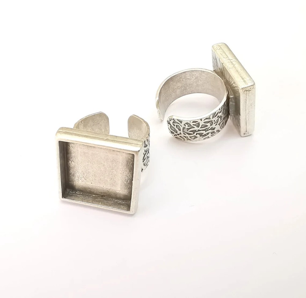 Square Antique Silver Ring Blank Settings, Cabochon Mounting Adjustable Resin