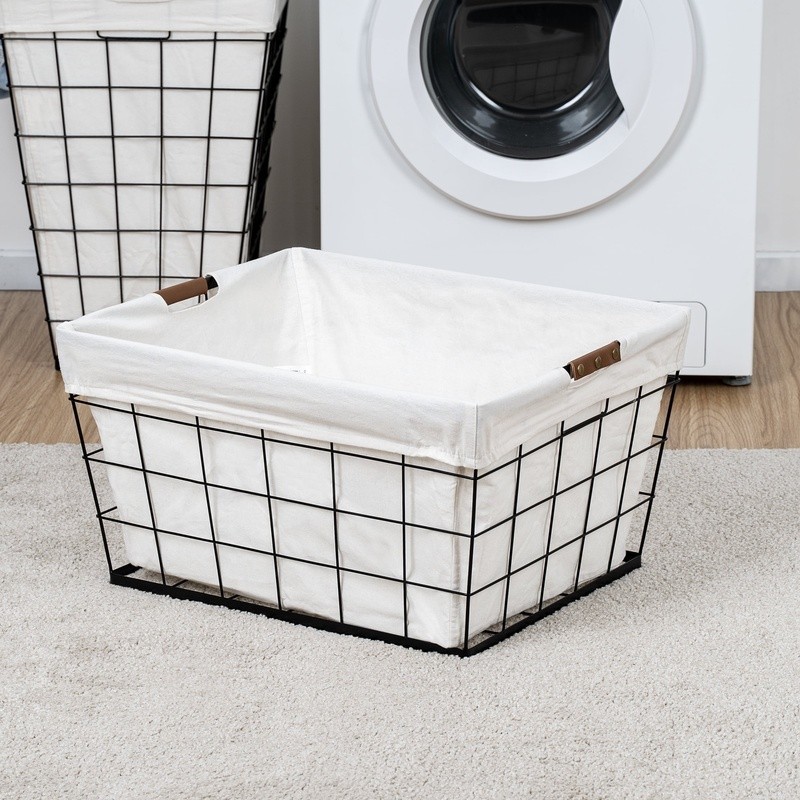Rectangular Steel Wire Laundry Basket W/ Removable Cotton Liner Easy Transport