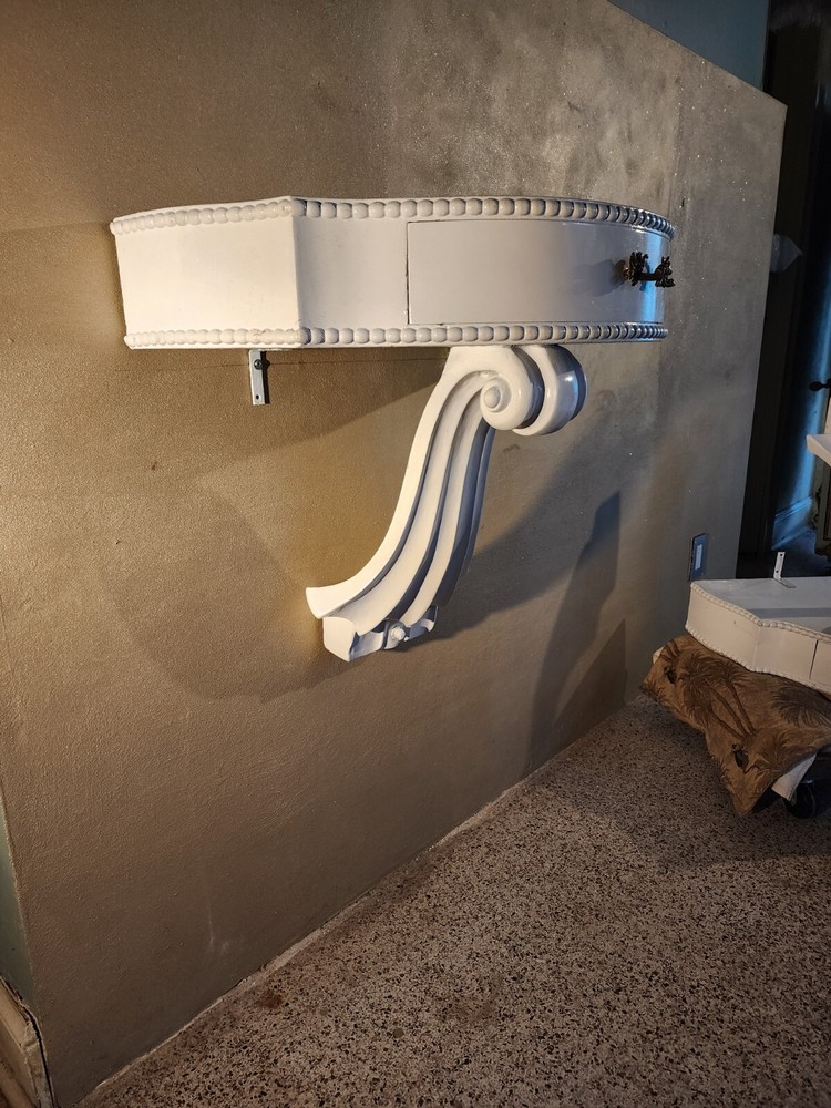 PAIR MID CENTURY MODERN Side Table or Consoles, Violin Scrolls Gloss White.