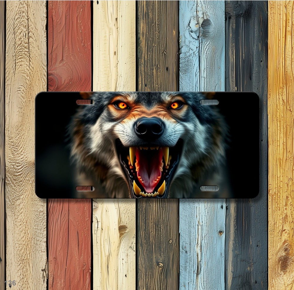 Aggressive Wolf License Plate with Sharp Teeth Optional Text Decorative Plate Bi