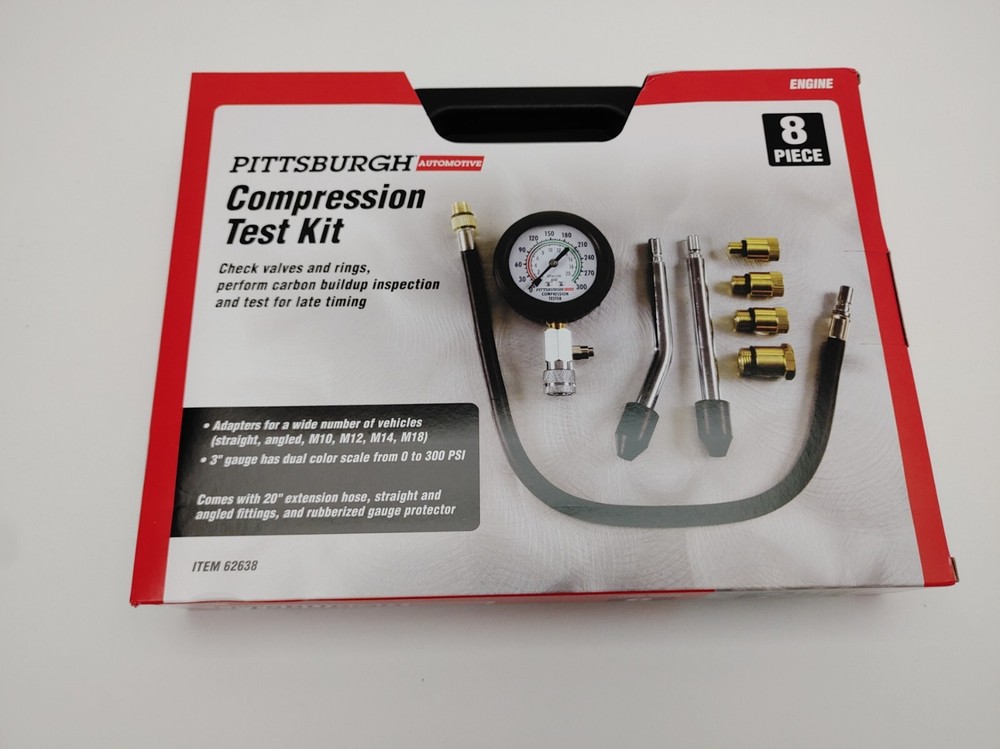 Compression Test Kit in Case 8 Piece Engine Cylinder Auto Motorcycle 300psi 20"