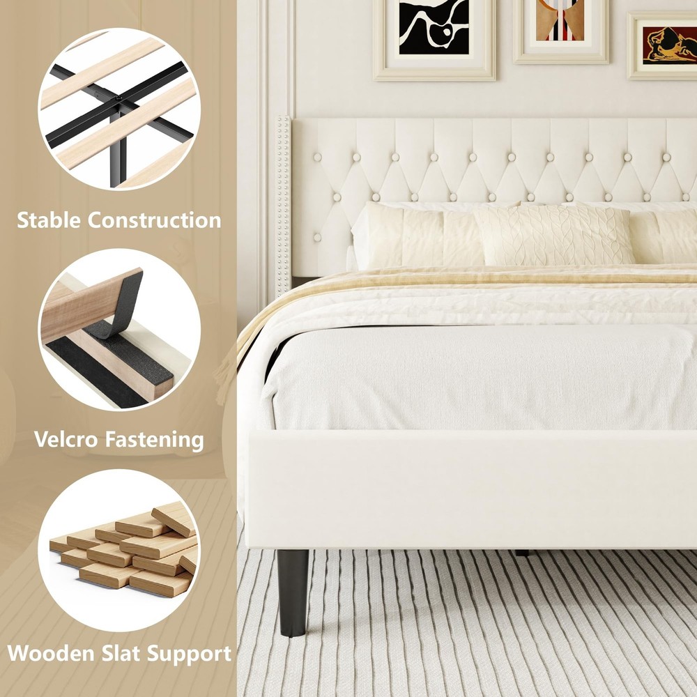 Queen Size Bed Frame, Upholstered Platform Bed with Wingback Headboard, Velve...