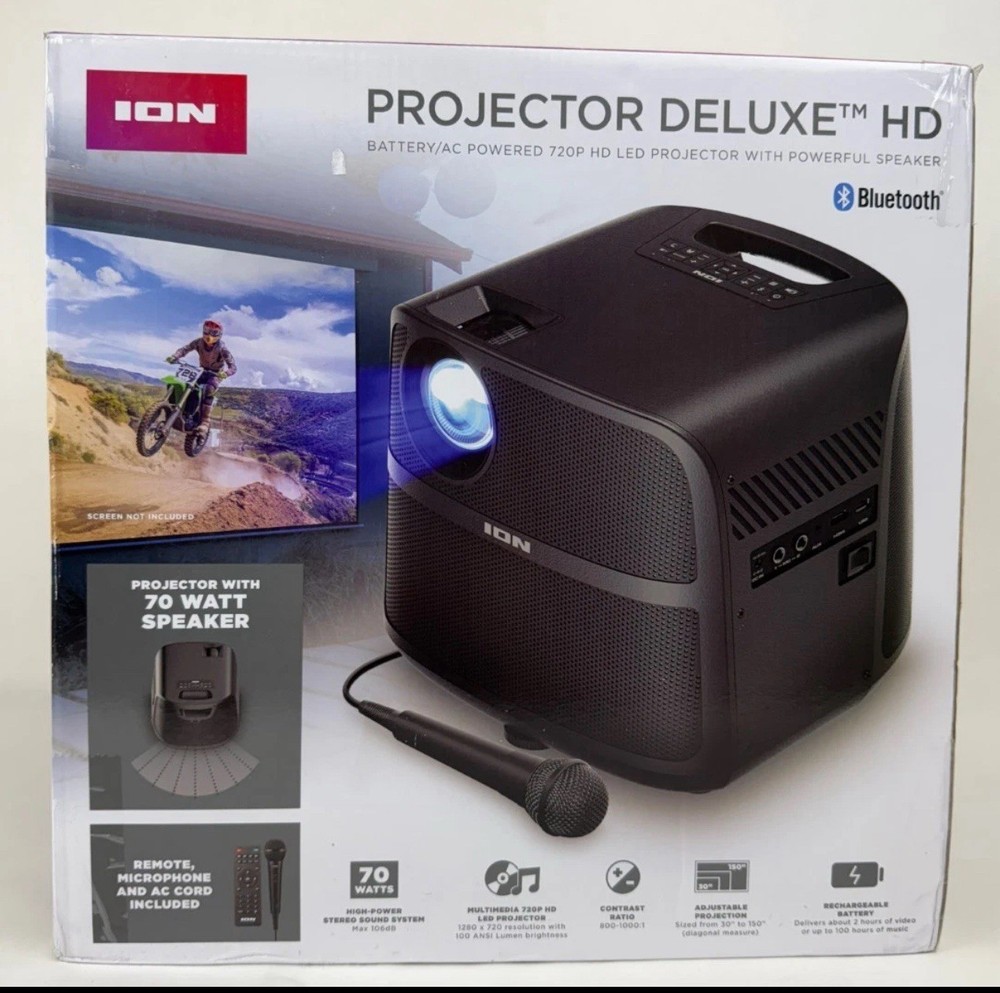 ION Projector Deluxe HD 720p Bluetooth Rechargeable Projector 70W Speaker