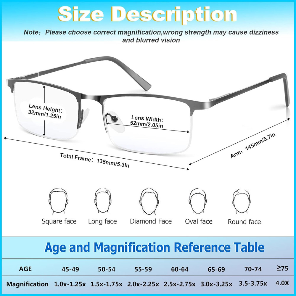 3 Pack Blue Light Blocking Reading Glasses for Men, Stylish Half Frame Metal Com
