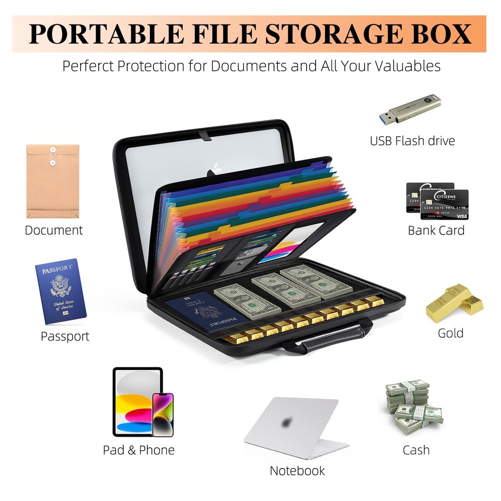 Fireproof Document Box File Organizer Hard-Shell Waterproof Lock 13-Pocket Accor