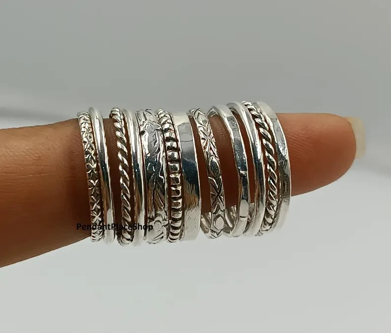 925 Sterling Silver Stacking Ring Set: Assorted Patterns, Thin & Thick All Size