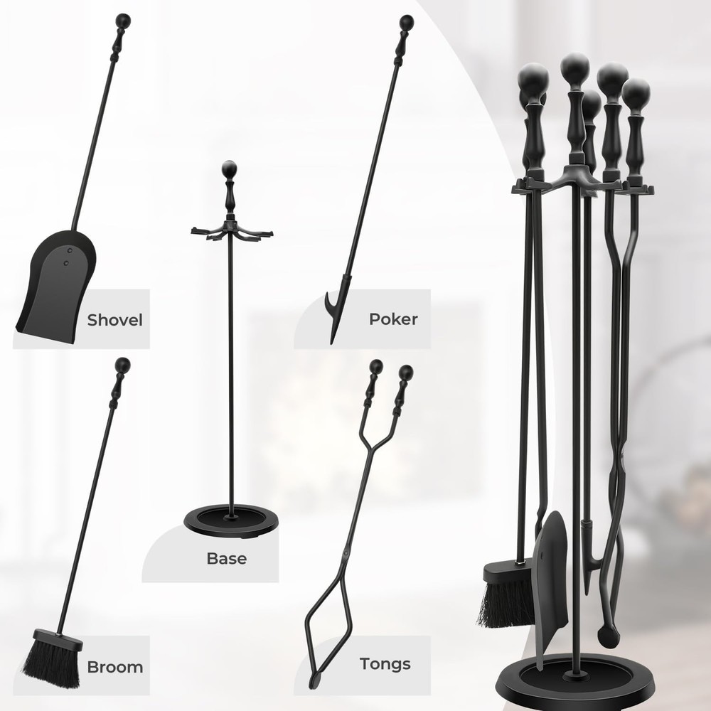 Fireplace Tools Set 5-Piece Cast Iron Fire Place Tool Set W/ Stand