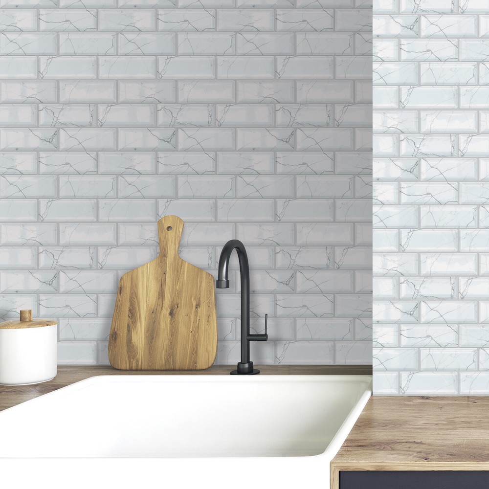 Peel and Stick Tile Backsplash 3D White Marble Glossy Tile Sticker Kitchen Decal