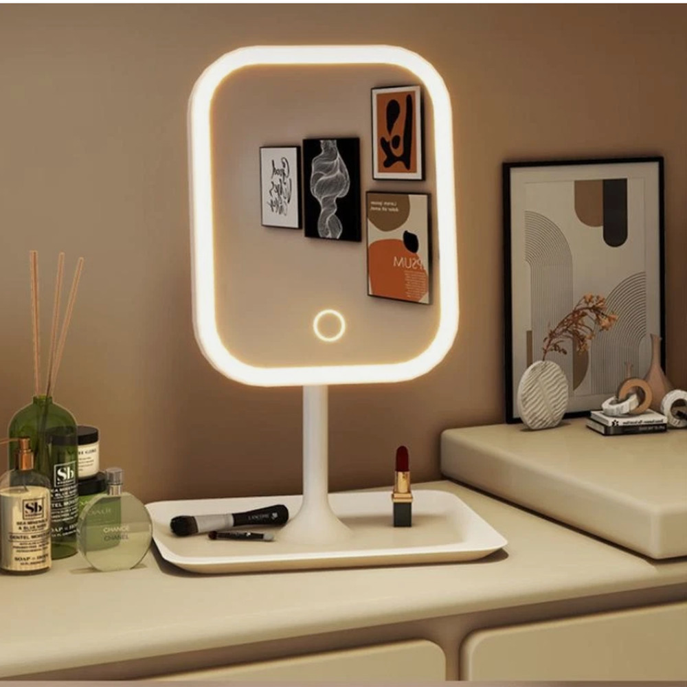 LED Lighted Makeup Mirror Vanity Desk Touch Control Cosmetic Organizer