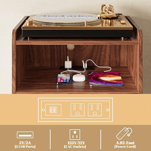 Record Player Stand, Turntable Stand with Record Storage and Charging Walnut