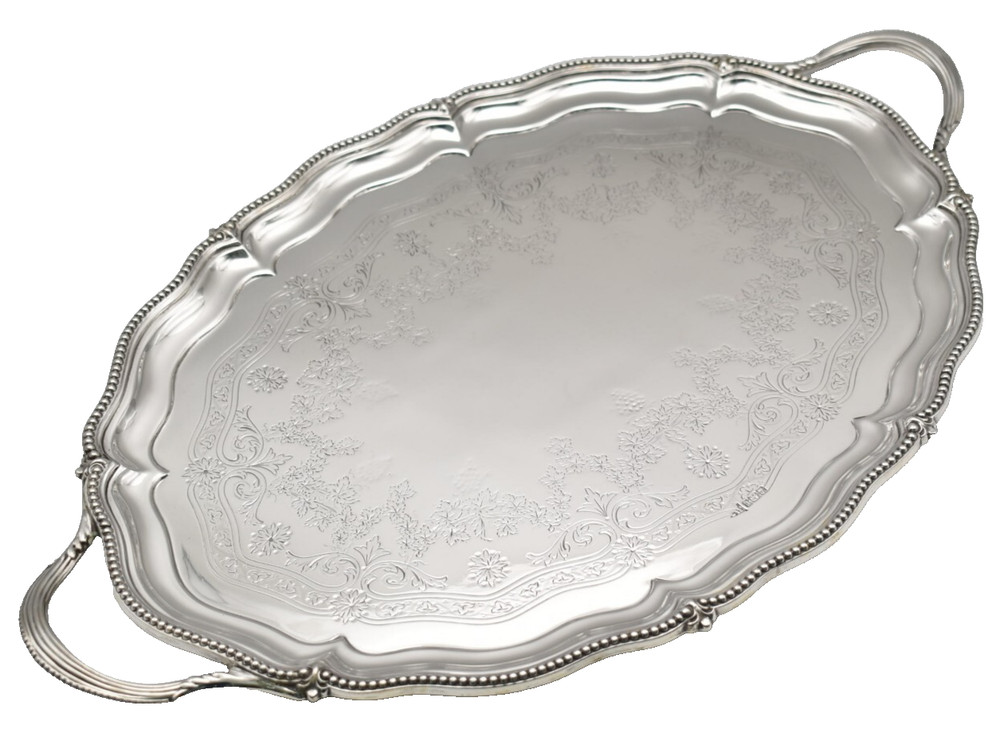 A Large Oval Solid Silver Engraved Serving Tray - Walker & Hall Sheffield 1882