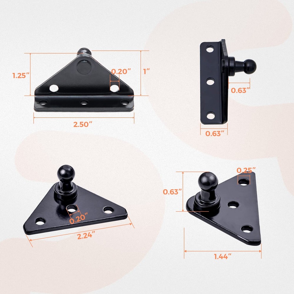 Gas Strut Mounting Bracket 10mm Ball Stud, Angled Flat Mount Screw Kit Black