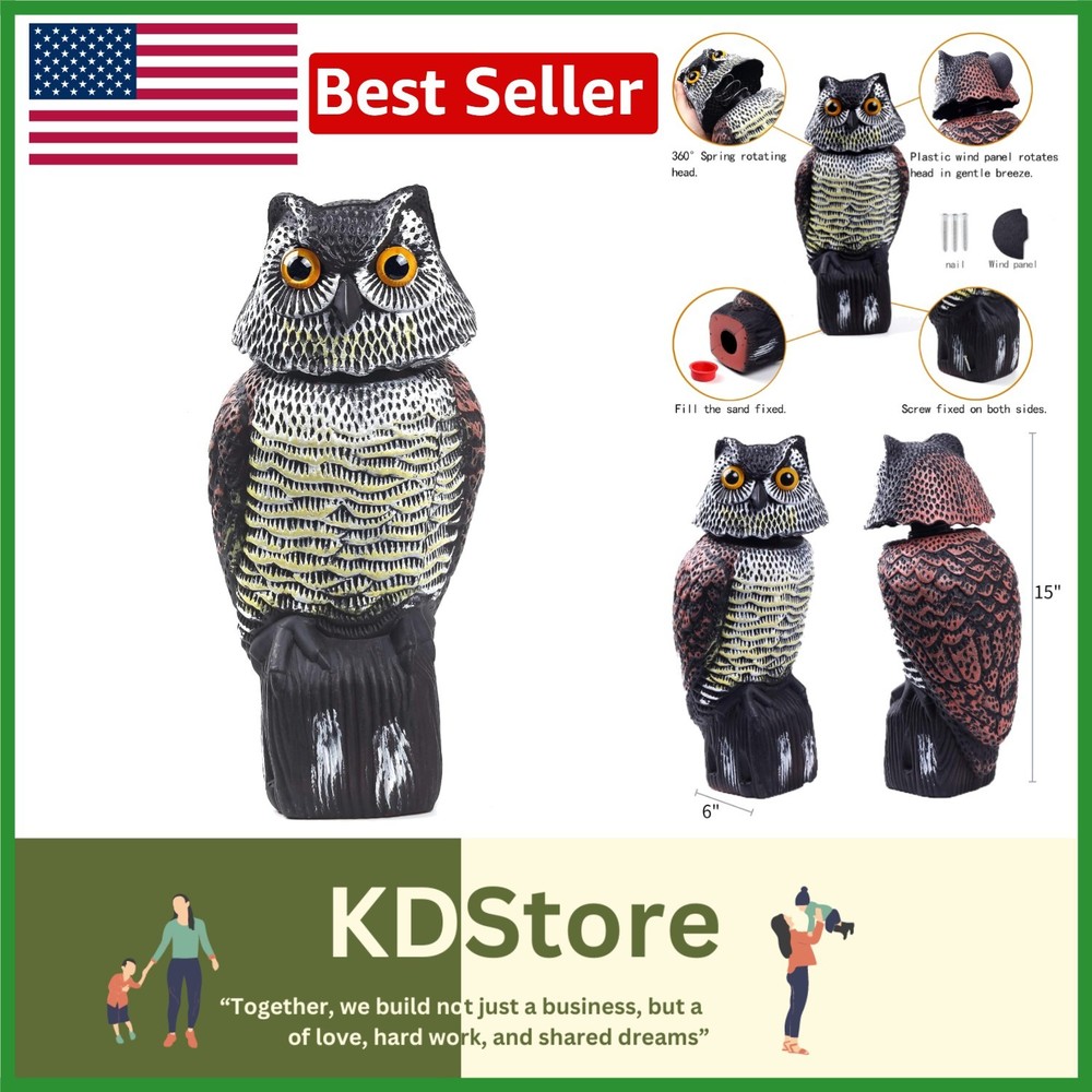 Realistic Rotating Head Owl Decoy for Bird & Pest Deterrence