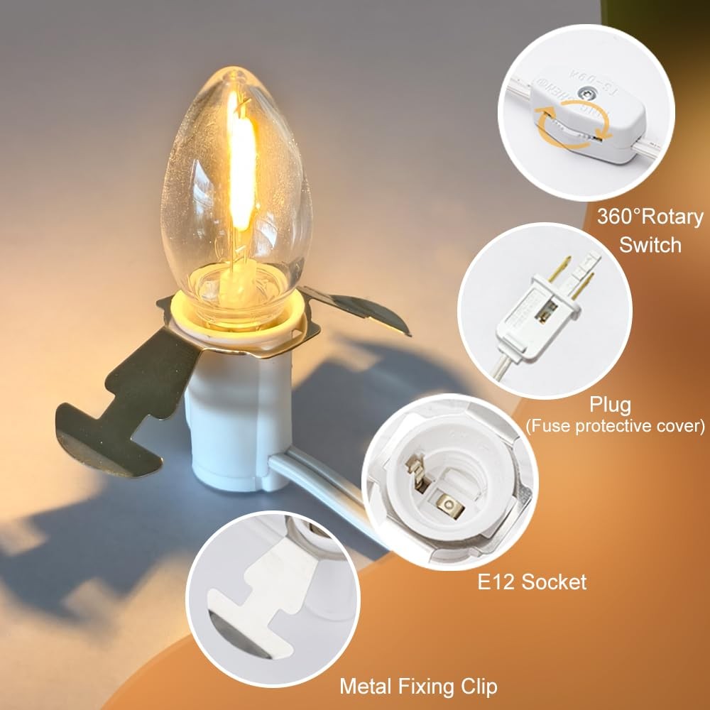 NETEHA 2 Pack 6Ft White Accessory Cord with C7 LED Bulbs, E12 Socket Lamp Cord w