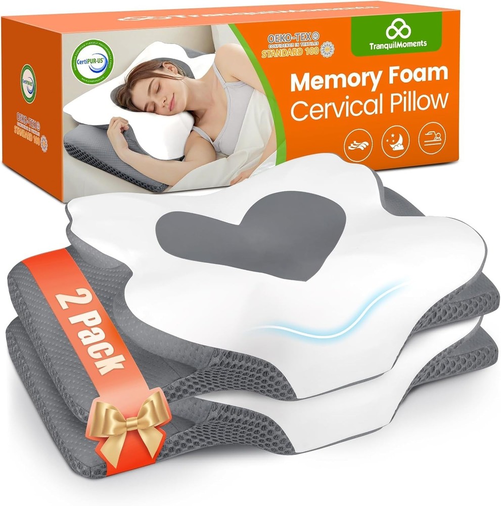 Ergonomic Grey Neck Pillows - Quality Memory Foam for Customized Comfort, 2-Pack
