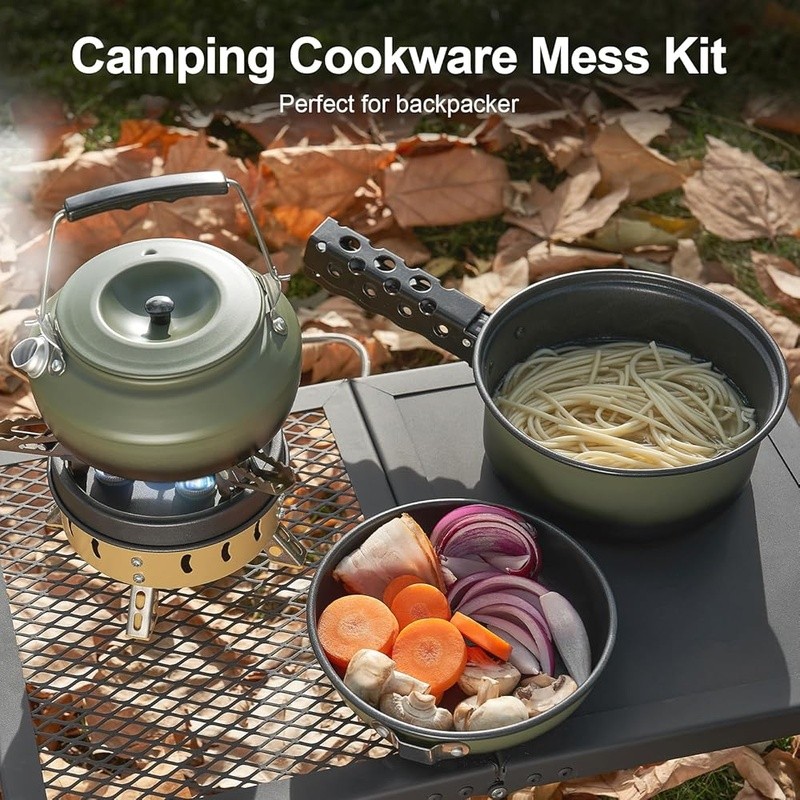5pcs Camping Cookware Set Non-Stick Pot Pan Kettle Removable Handle Backpacking