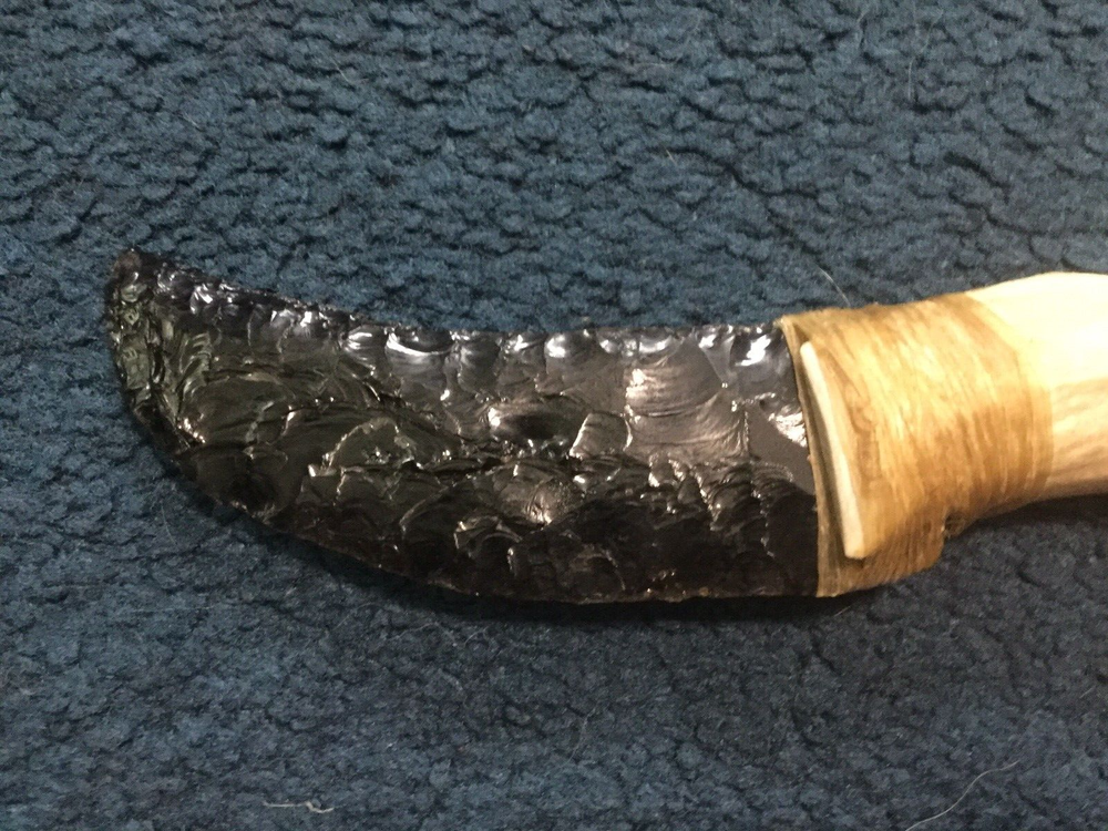 Primitive Obsidian Stone Bleached Antler Handle Knife