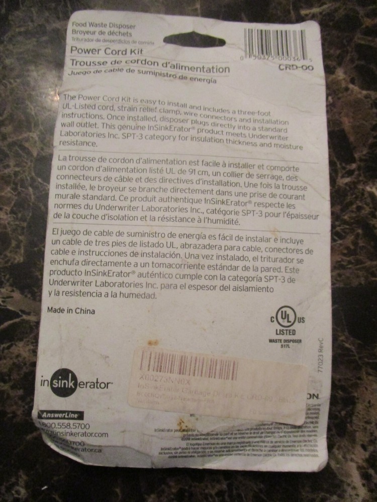 InSinkErator Garbage Disposal Power Cord Kit CRD-00