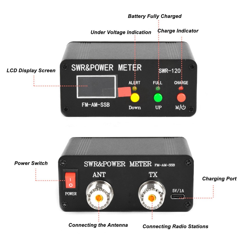 SWR Power Meter 120W Digital Display Standing Wave Meter Frequency Tester