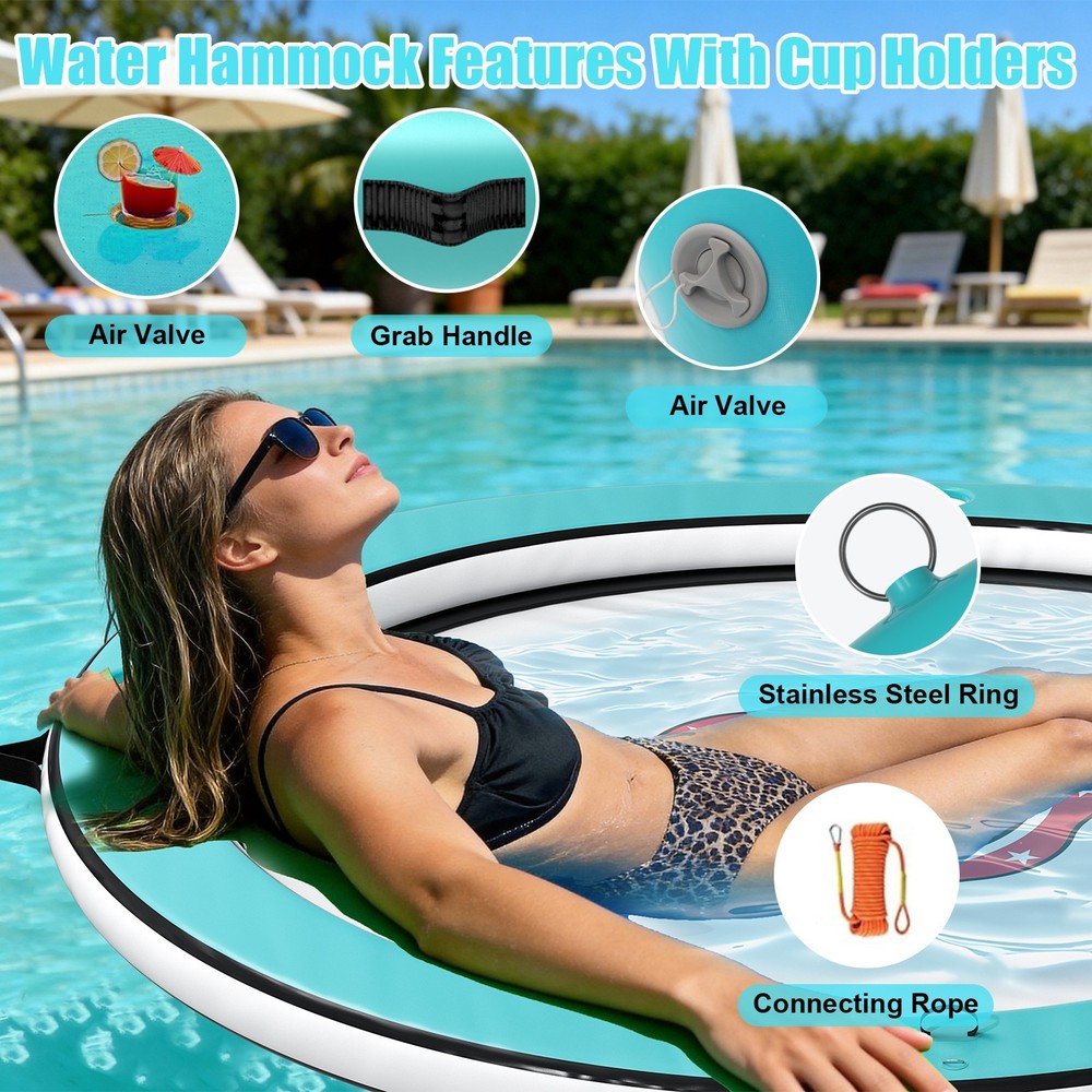10FT Round Inflatable Water Hammock 5 Cup Holders with Ladder Float Ring Island