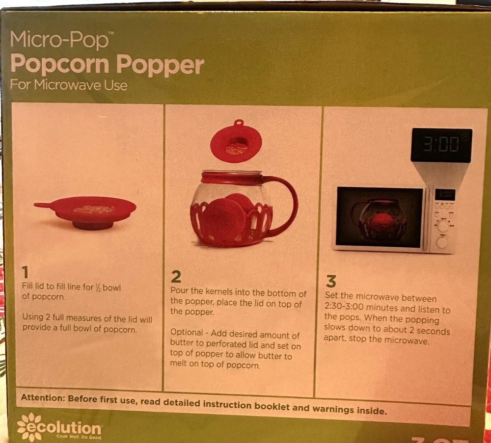 Microwave Popcorn Popper Glass Red Ecolution Micro-Pop 3 Quart In box easy clean