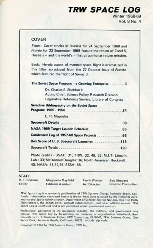 Space Log - Winter 1968, The Soviet Space Program, Published by TRW
