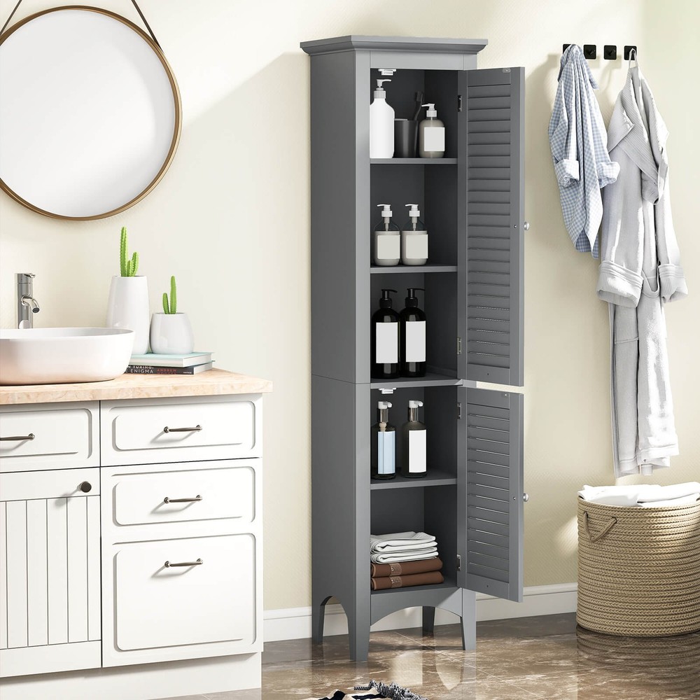 63” Tall Bathroom Cabinet w/ 2 Louvered Doors & Adjustable Shelf, Elevated Legs