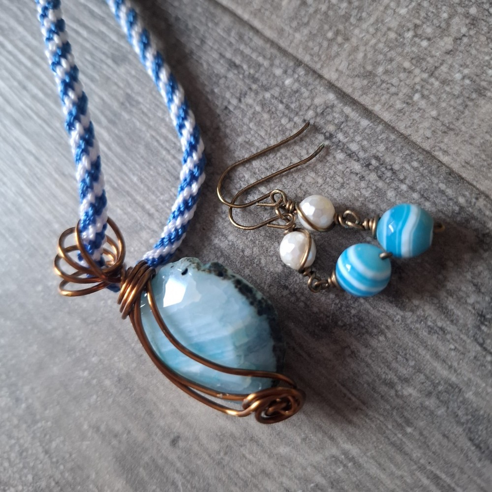 Statement Wire Wrapped Boho Blue Stone Style Necklace And Earrings Set Boho