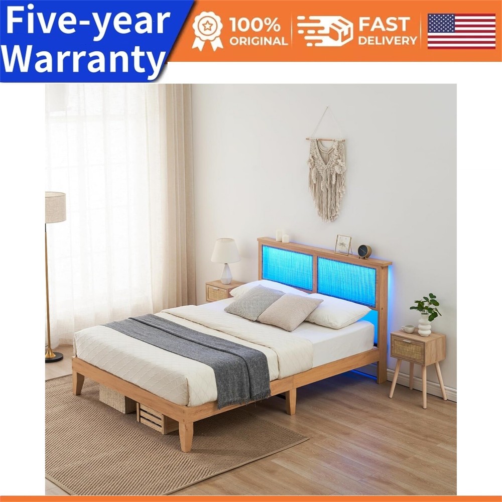 ⏯💯Queen/FULL Bed Frame with Rattan Headboard Platform Bed Frame with LED Lights