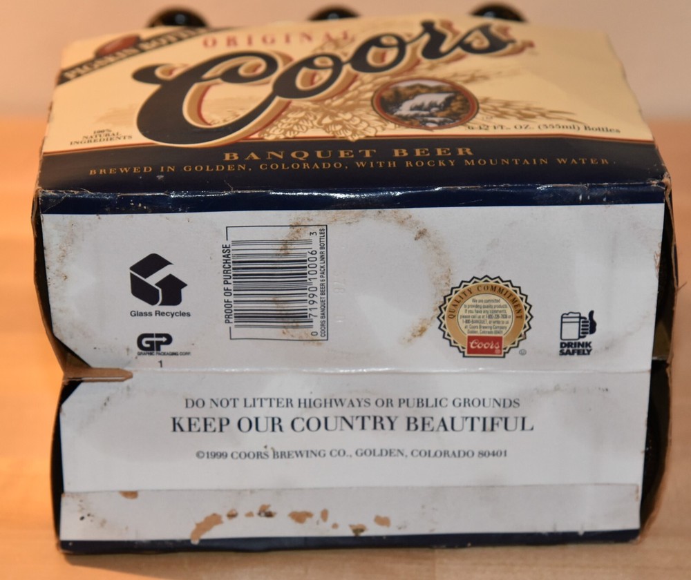Coors PIGSKIN BOTTLE 6-Pack EMPTY in Original Case with Tops 1999