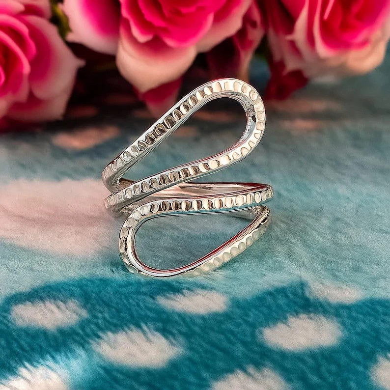 Adjustable Sterling Silver Ring Hammered Boho Wrap Band Minimalist Handmade