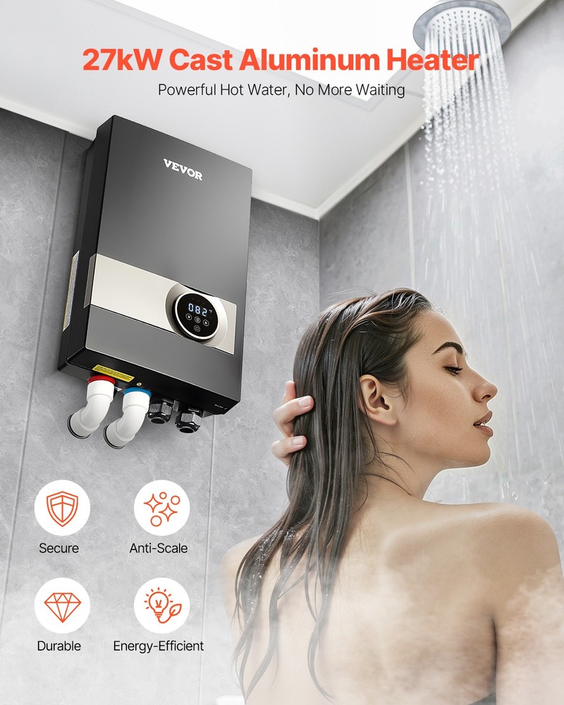 VEVOR 27kW Tankless Electric Water Heater Instant Hot with LCD Touch Child Lock
