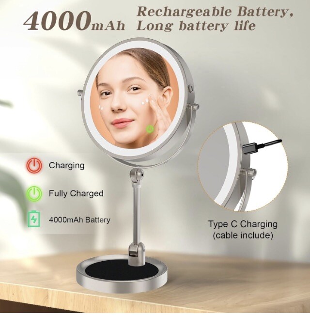Double-Sided Lighted Rechargeable Makeup Mirror 1x/10x magnification