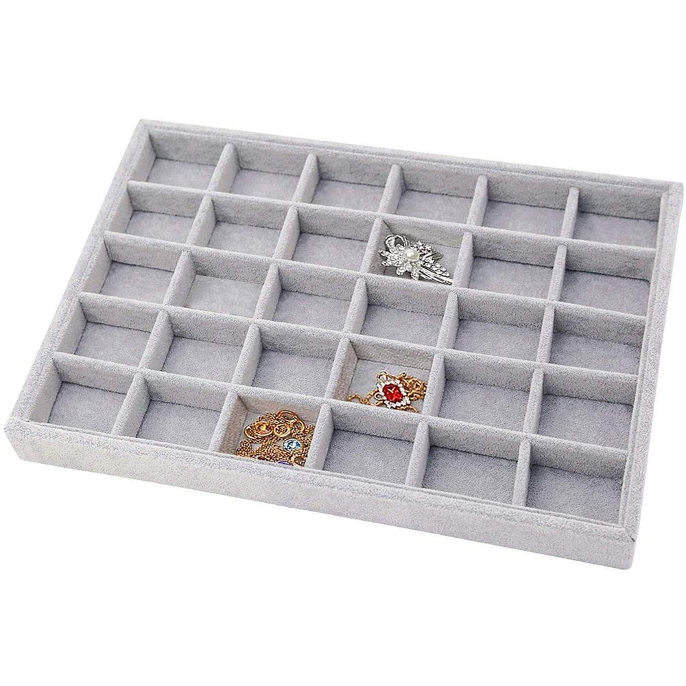 Grey Velvet Stackable 30 Compartments Jewelry Tray Showcase Display Organizer...