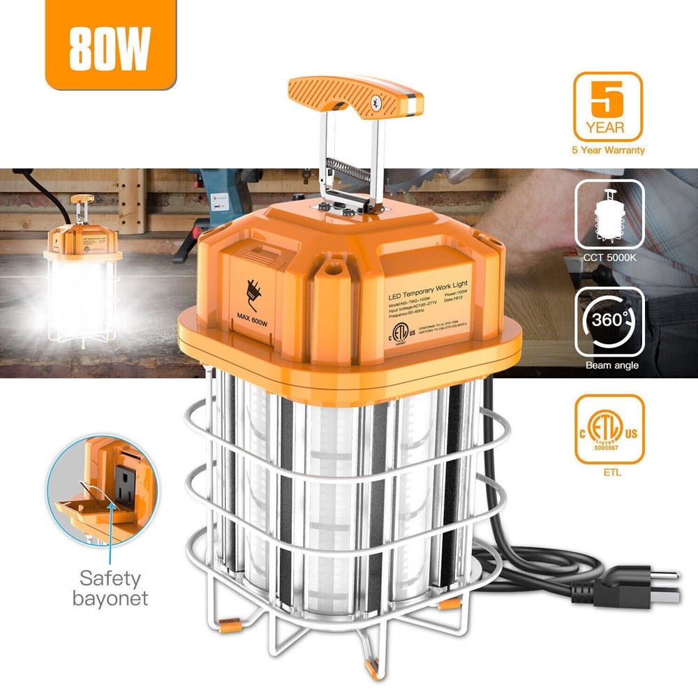 80W LED Temporary Work Light Linkable Hanging Construction Light 5000K 11,600Lm