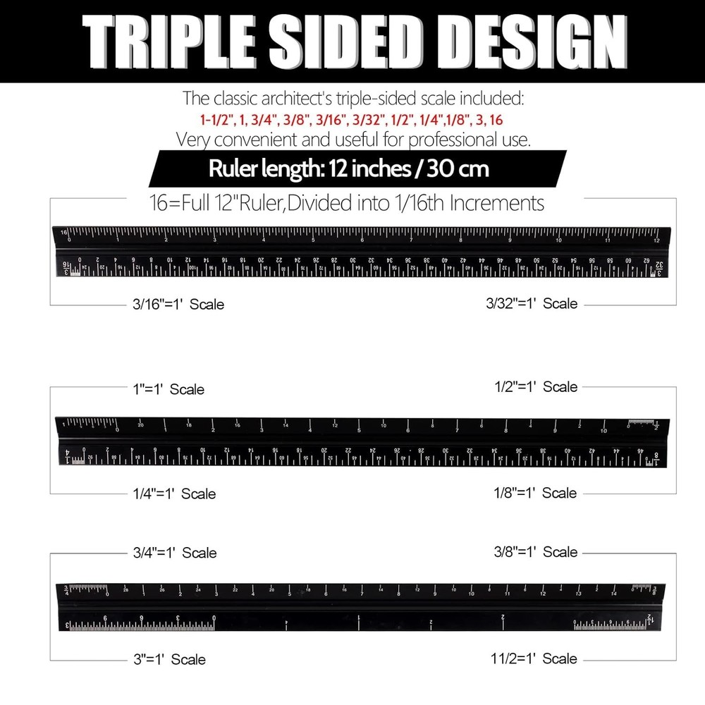 Innovative 12" Aluminum Triangular Ruler for Accurate Blueprint Measurements