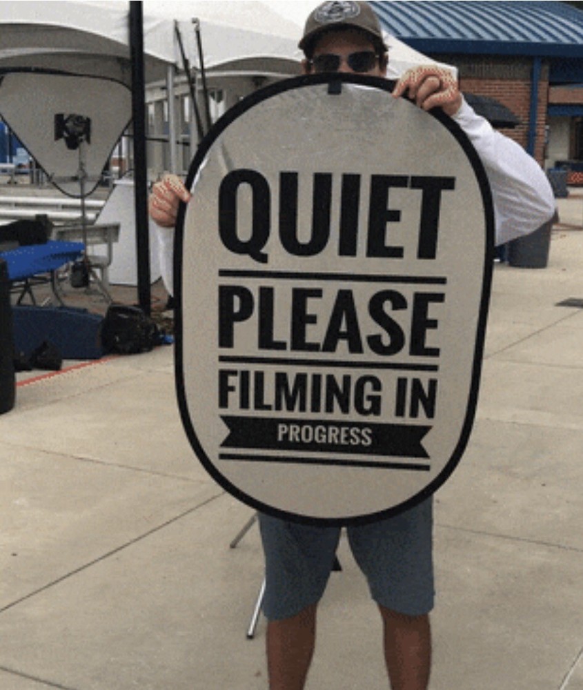 Large “Quiet Please Filming In Progress” sign