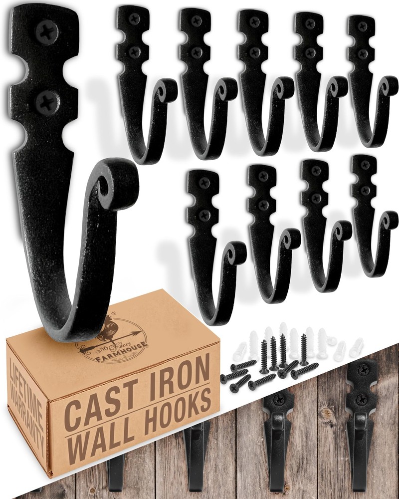 Cast Iron Wall Hooks (10 Pack) Handmade Blacksmith - Wall Mounted J Hooks - F...
