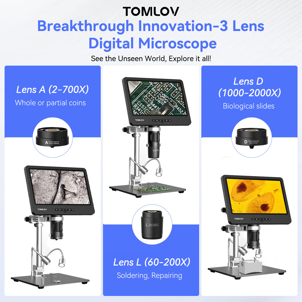 TOMLOV Digital Microscope 10" 2000X Coin Microscope 144 LED Illumination HDMI