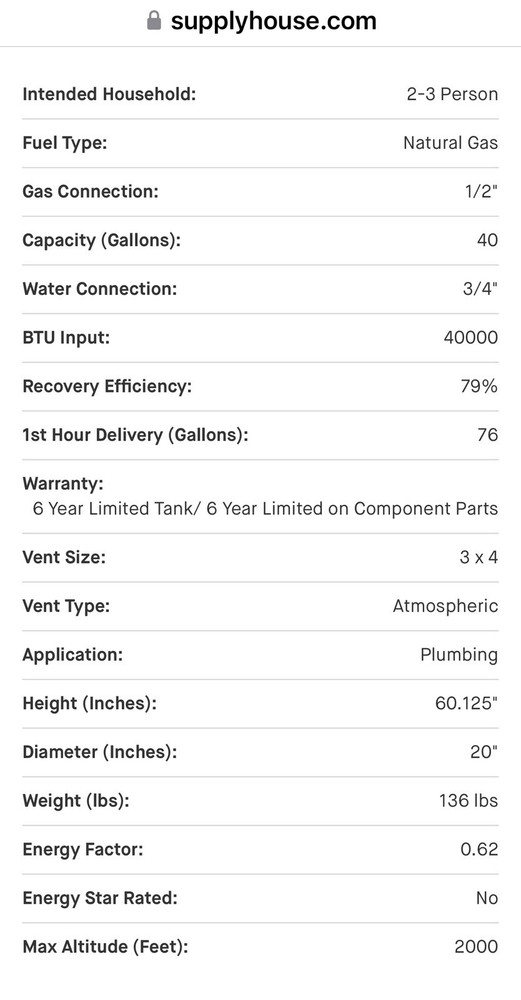 Bradford White RG240T6N 40 Gallon Atmospheric Vent Natural Gas Water Heater