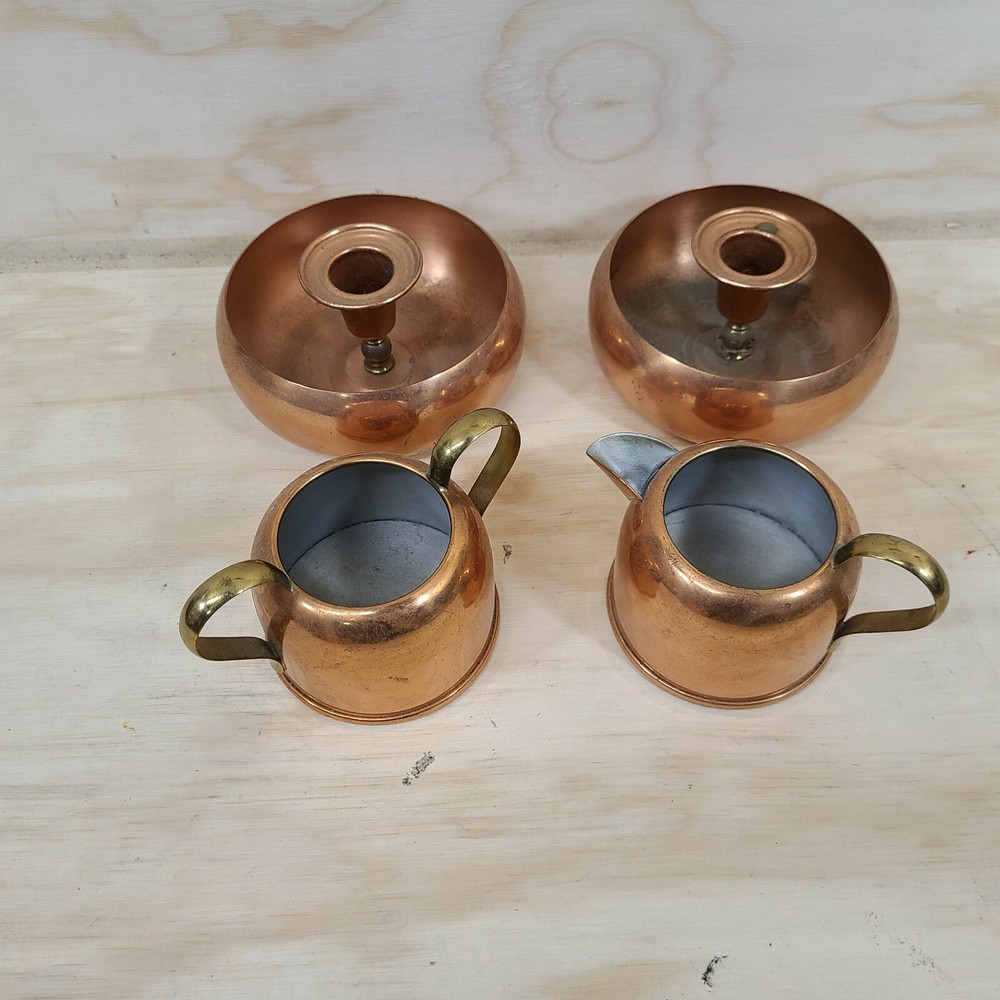 Vintage Copper Creamer & Sugar & 2 candle holders Coppercraft Guild
