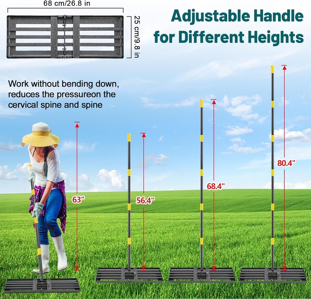 Heavy-Duty Lawn Leveling Rake - 26"x25" Peat Moss Tool w/ 6FT Adjustable Handle