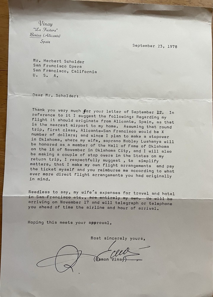 Chilean Opera Tenor Ramon Vinay Autograph Letter