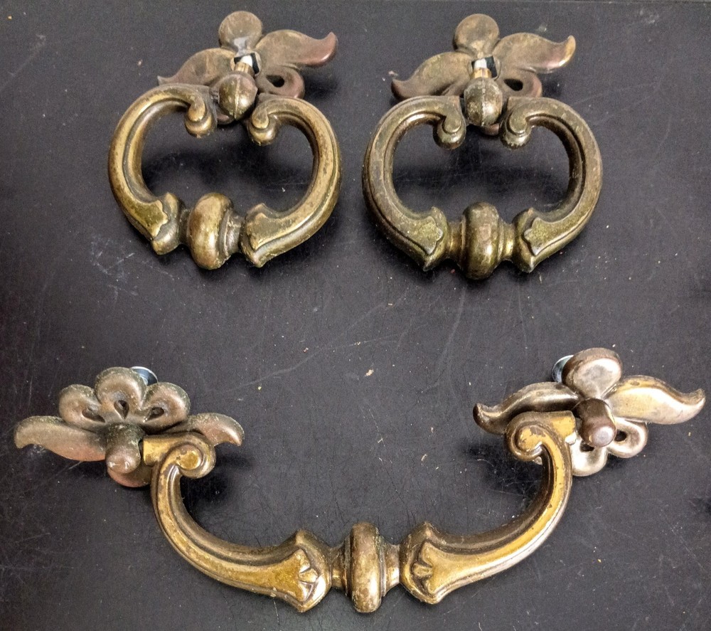 4 Vintage original, Brass Drawer Pulls, 2 inch CTC. Used, complete, VGC
