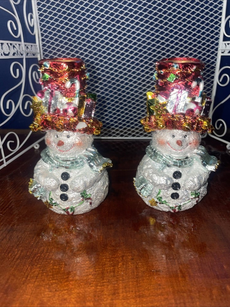 Pair Sparkling Snowmen Candle Holders