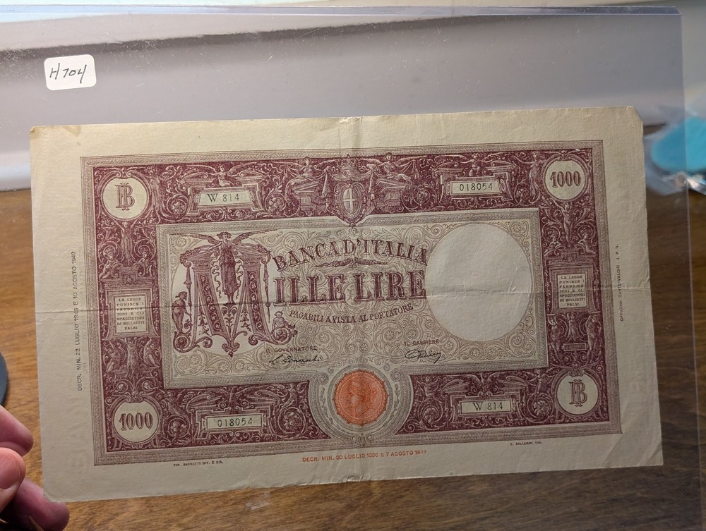 1943 Italy 1000 Lire Banknote