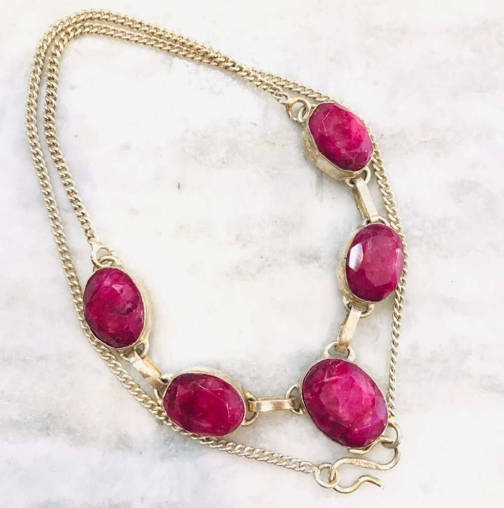 Ruby Necklace Statement Chain Boho Jewelry Oval Shape Alpaca Metal Kashmiri 18"
