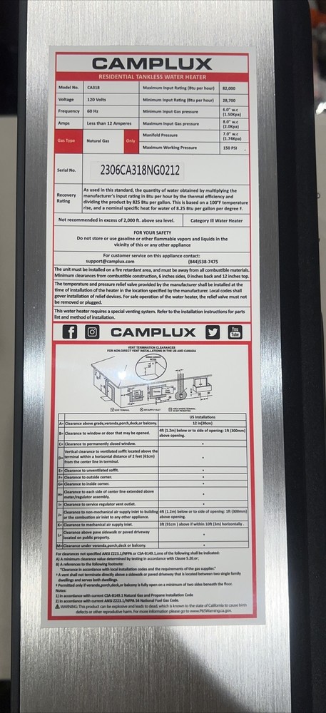 CAMPLUX CA318 Tankless Instant Hot Water Heater Natural GAS USED READ INF