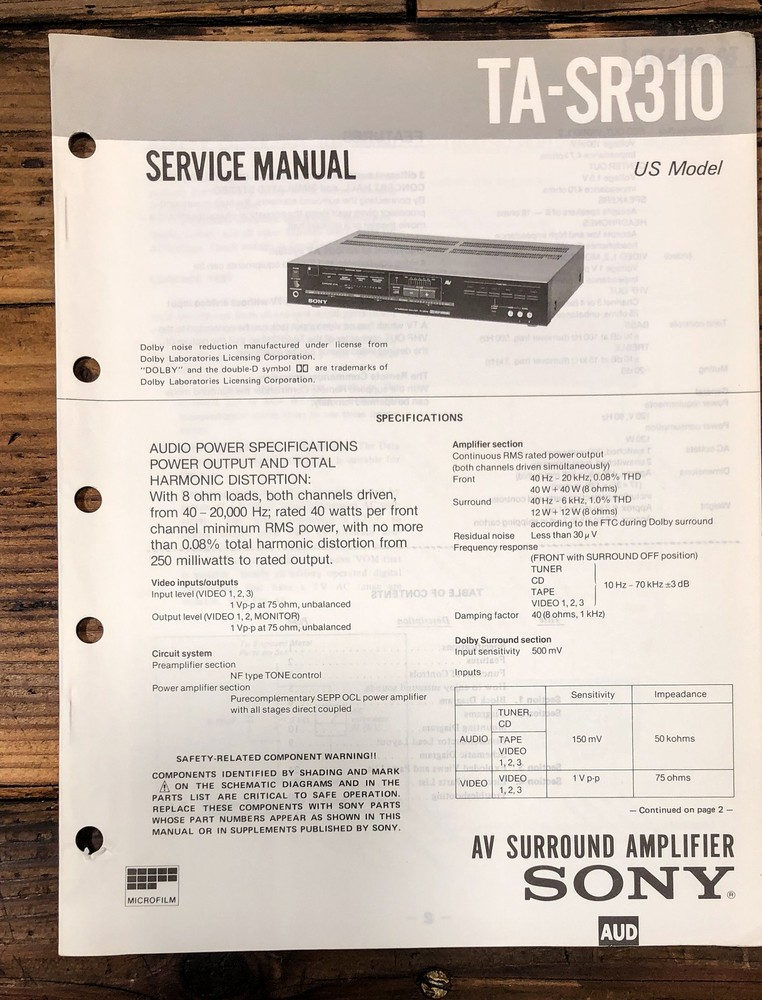 Sony TA-SR310 Amplifier Service Manual *Original*